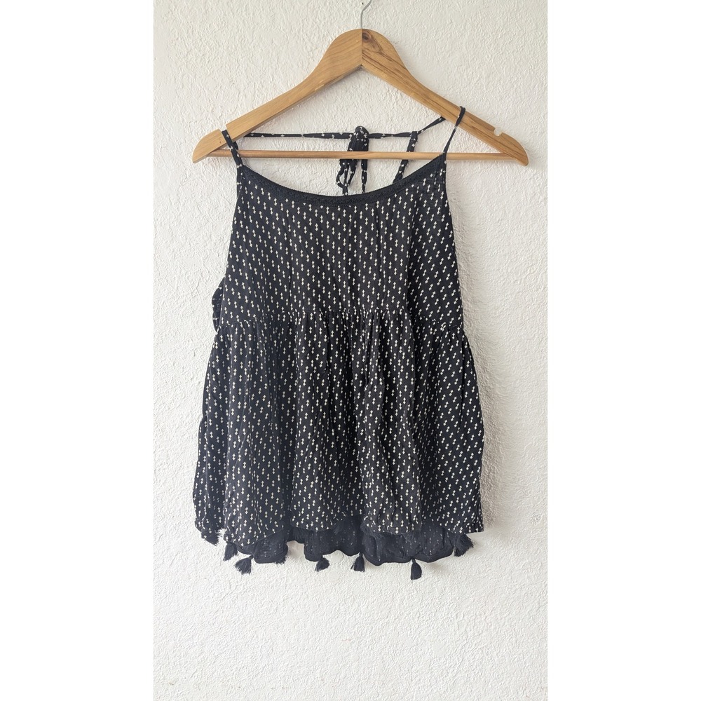 Black White Geometric Diamond Print Tassel Hem Babydoll Cami Top Halter Tie